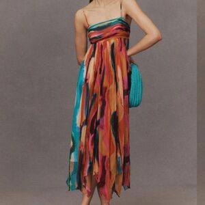 BHLDN Multicolor Watercolor Stripe Handkerchief-Hem Dress